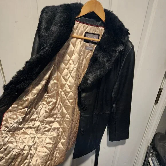 Wilson's Leather Womens Large Black Belted Leather Jacket Rabbit Fur Trim - Picture 3 of 12